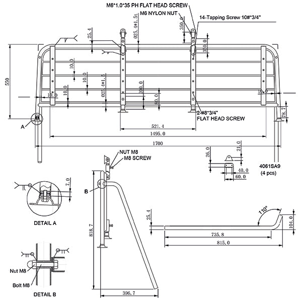 Badeplatform L-170cm D-55cm Ø25mm rør